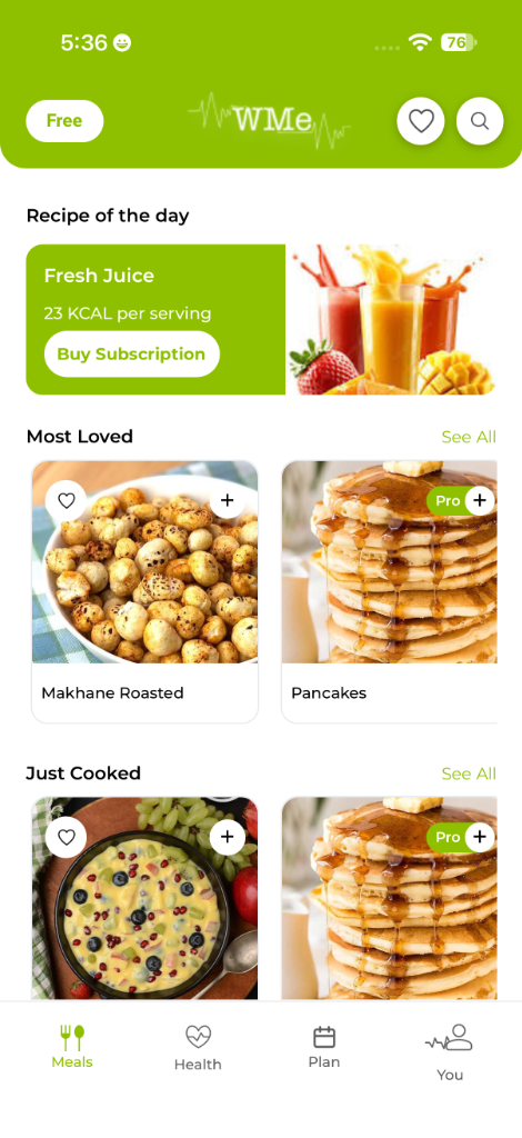Meals and recipes screen